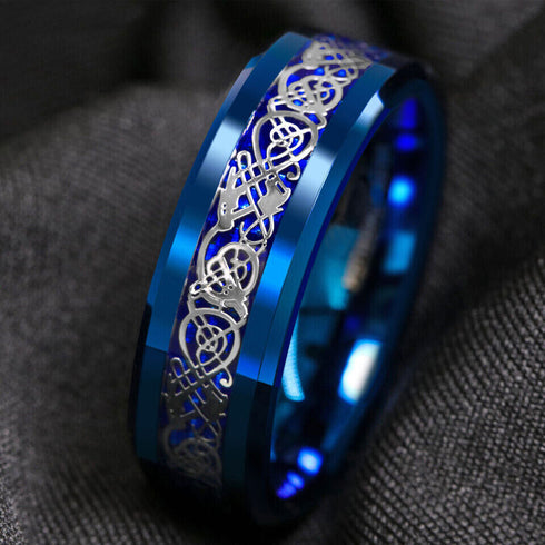 Men 8mm Beveled Edge Comfort-Fit Blue Silver Celtic Dragon Tungsten Wedding Band